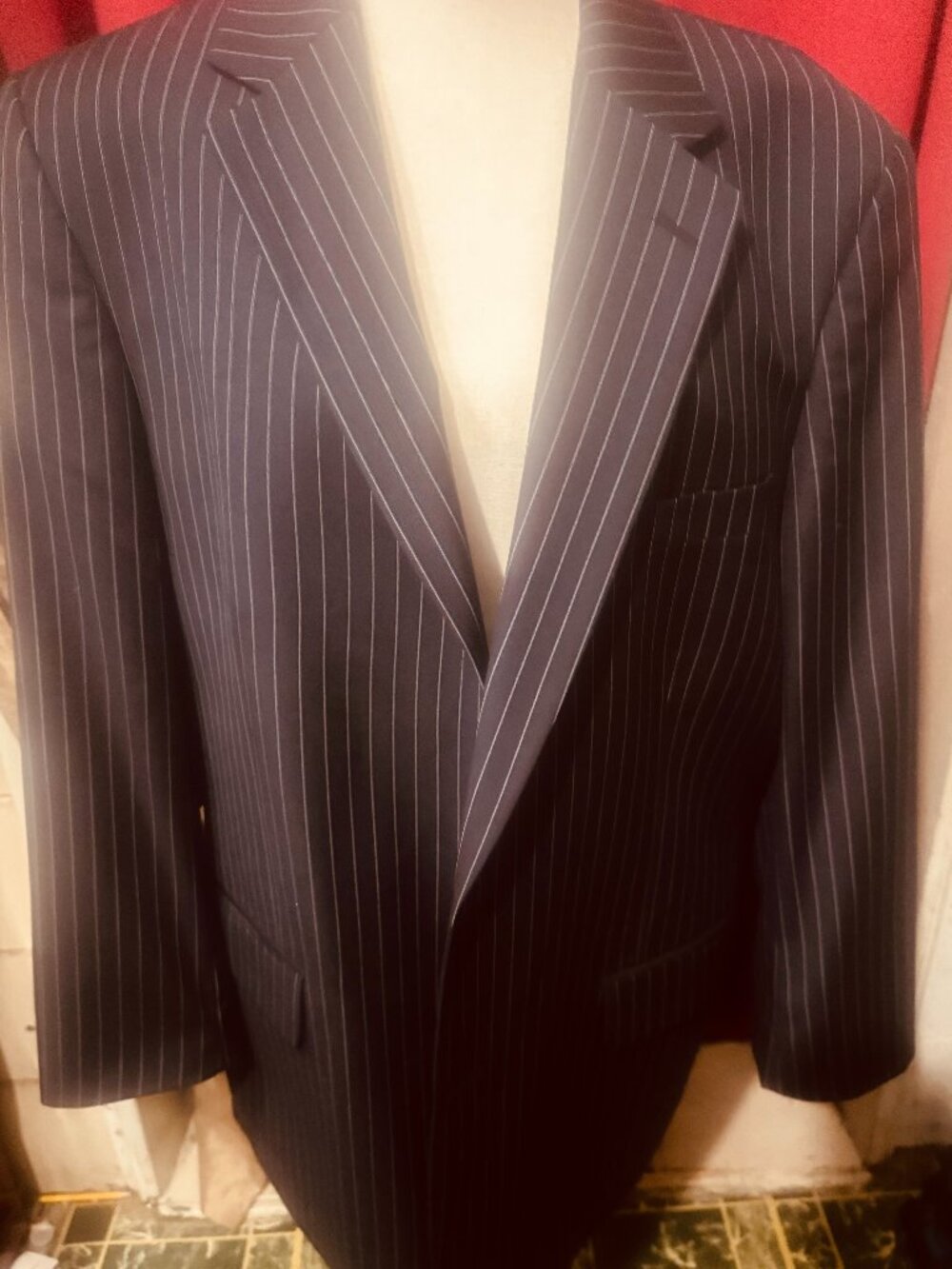 Men's Classic Navy Blue and White Pinstripe Suit Jacket
